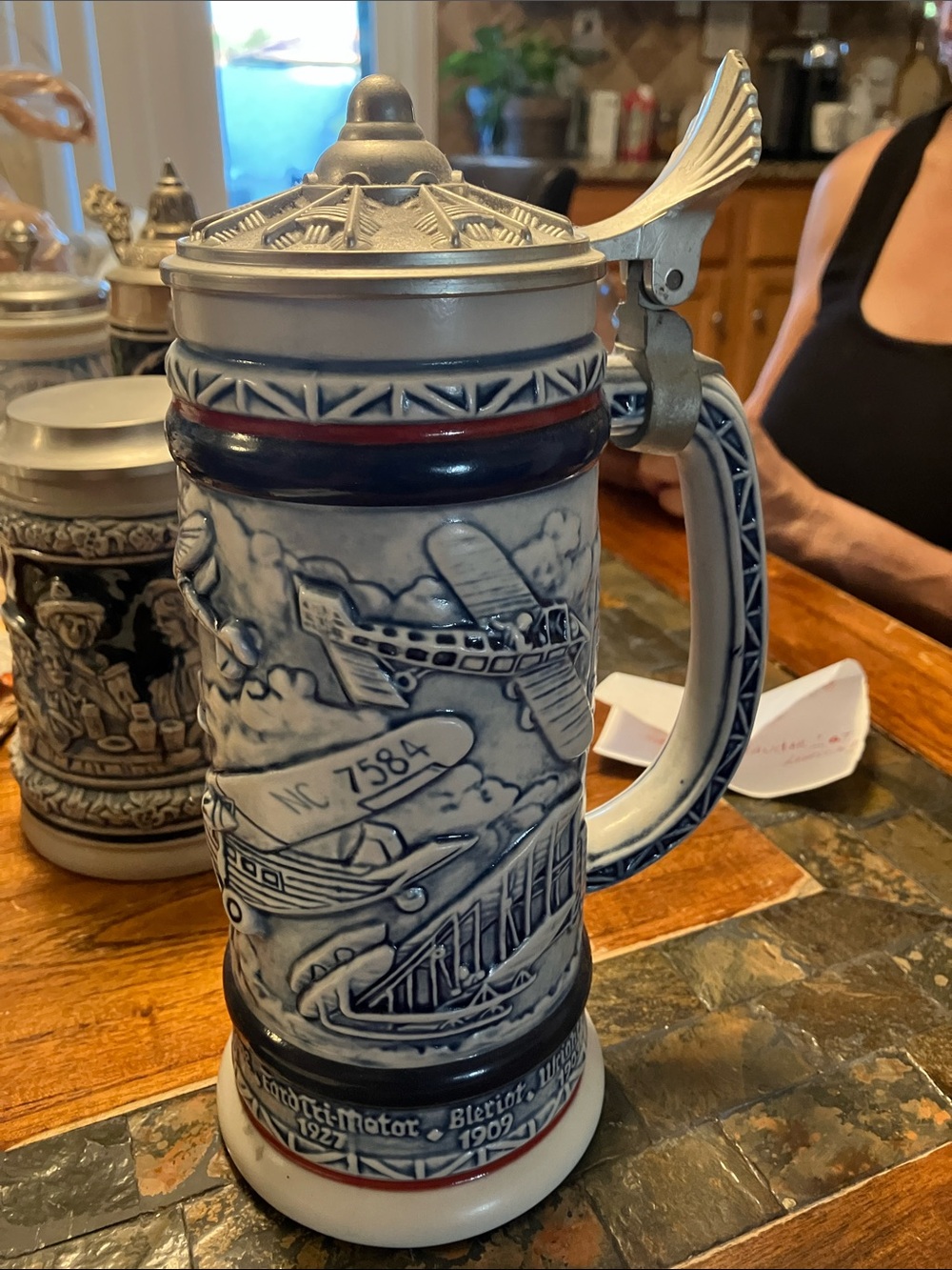 Vintage-Style Blue and White Ceramic Beer Stein with Pewter Lid